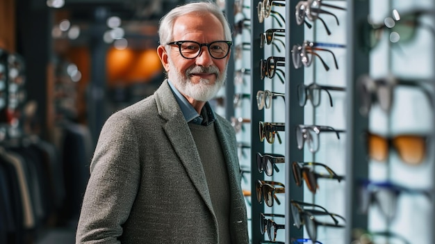 Hombre mayor en la tienda de óptica cliente intentando gafas nuevas