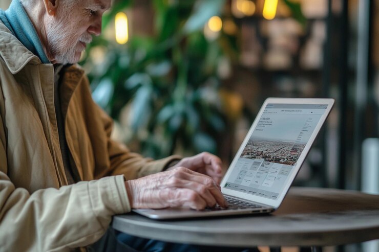 Hombre mayor trabajando en una computadora portátil en un acogedor café con plantas alrededor de la IA generativa