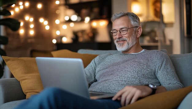 Hombre mayor usando una computadora portátil en casa