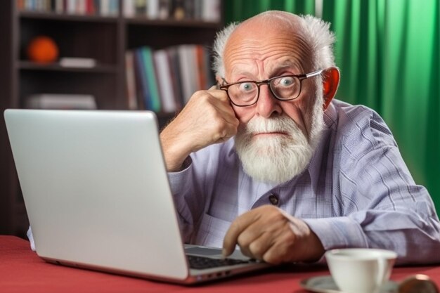 Hombre mayor usando una computadora portátil en la mesa con gafas y barba