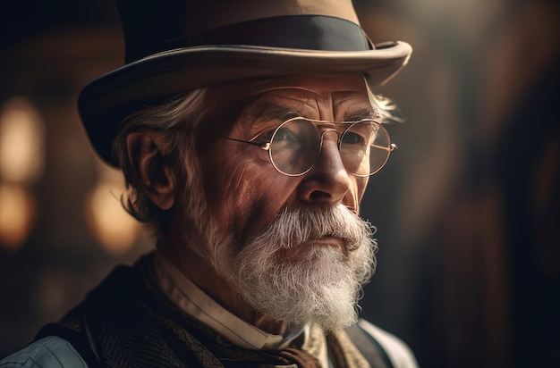 Hombre mayor vestido al estilo steampunk hombre mayor de cuentas plateadas con gafas y sombrero vintage Generar ai