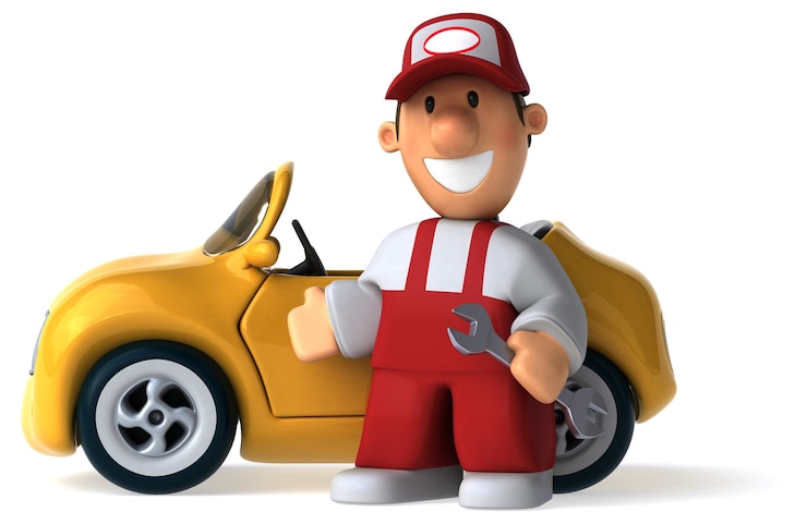 Foto hombre mecánico ilustrado divertido y un coche