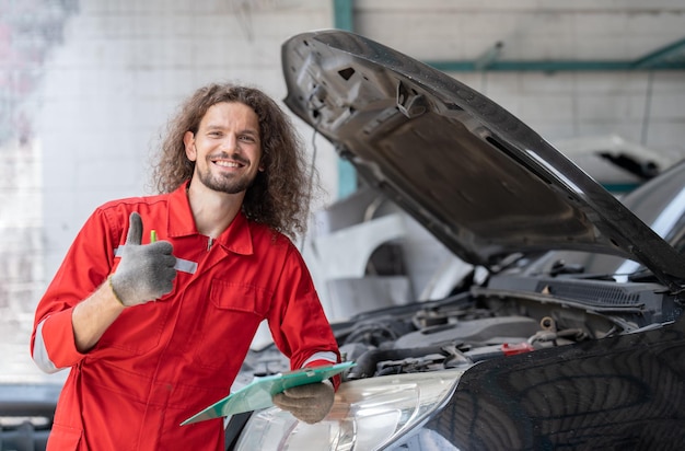 Hombre mecánico mostrando los pulgares hacia arriba y sosteniendo el portapapeles comprobando el coche de mantenimiento en el servicio de garaje