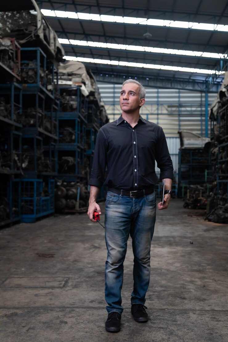 Hombre mecánico propietario de una pequeña empresa que inspecciona el stock de piezas de automóviles viejos en una computadora portátil mientras trabaja en un gran almacén de piezas de automóviles viejos