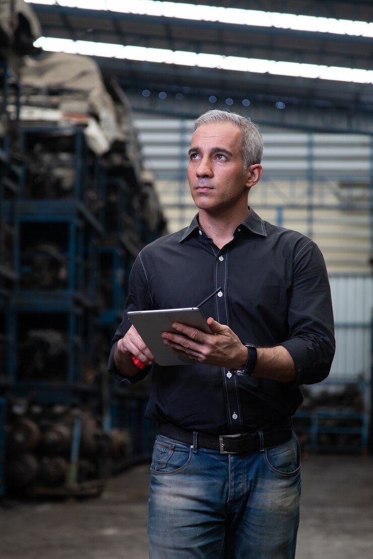 Hombre mecánico propietario de una pequeña empresa que inspecciona el stock de piezas de automóviles viejos en una computadora portátil mientras trabaja en un gran almacén de piezas de automóviles viejos