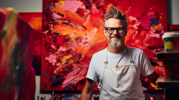 Foto hombre de mediana edad artista excéntrico en su estudio de arte