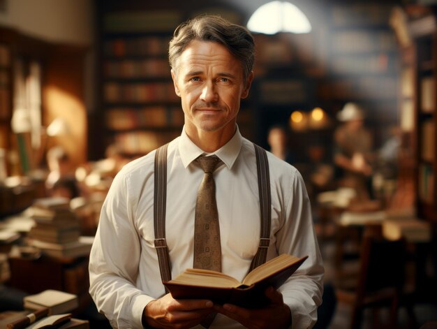 Foto un hombre de mediana edad con bigote y tirantes sostiene un libro abierto en una biblioteca tradicional bien iluminada.