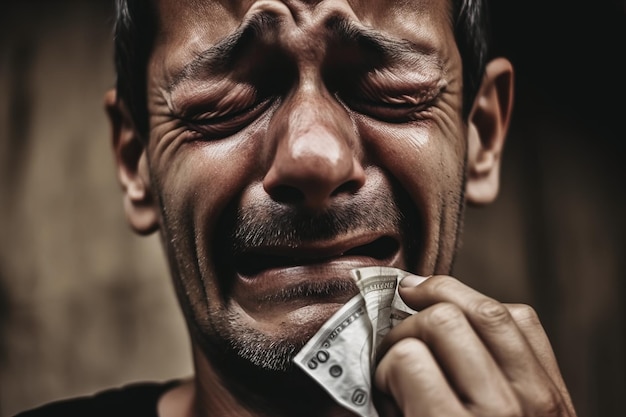 Foto un hombre de mediana edad con billetes en la mano y llorando por falta de dinero