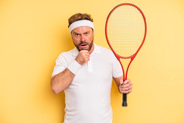 Hombre de mediana edad con la boca y los ojos bien abiertos y la mano en el concepto de tenis de barbilla