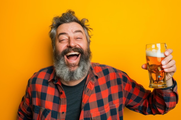 Un hombre de mediana edad divertido y emocionado bebe una cerveza.