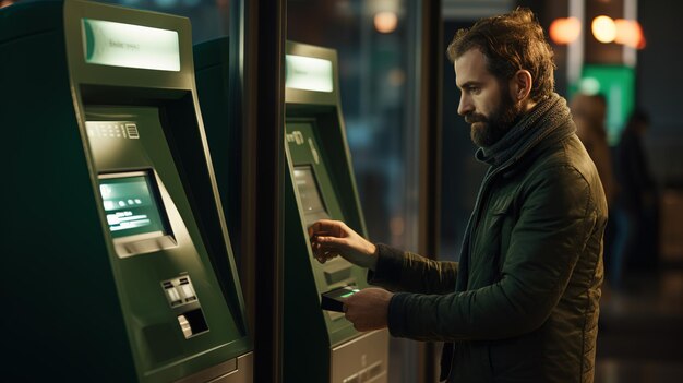 Un hombre de mediana edad se encuentra en un cajero automático por la noche con una tarjeta y marca un código PIN