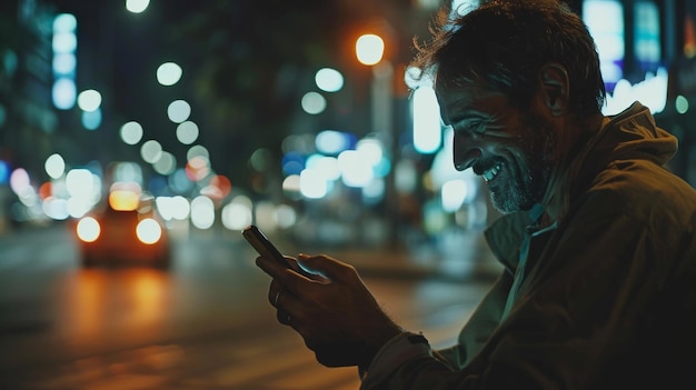 Foto hombre de mediana edad enviando mensajes de texto al teléfono inteligente en la calle nocturna y sonriendo