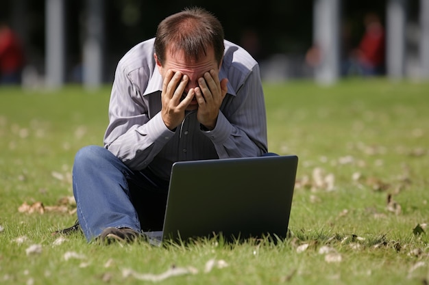 Hombre de mediana edad estresado por las facturas y la economía sentado en casa frente a su computadora portátil retratando preocupaciones de deuda de bancarrota y crisis financiera