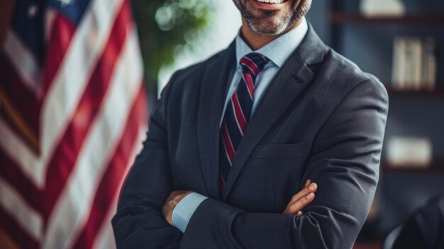 Foto hombre de mediana edad exitoso mirando a la cámara concepto de la política de los estados unidos elecciones gubernamentales fotografía de un apuesto hombre de negocios con traje posando con la bandera estadounidense en el fondo