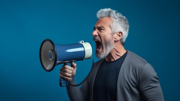 Foto hombre de mediana edad gritando con megáfono liderazgo expresivo ia generativa