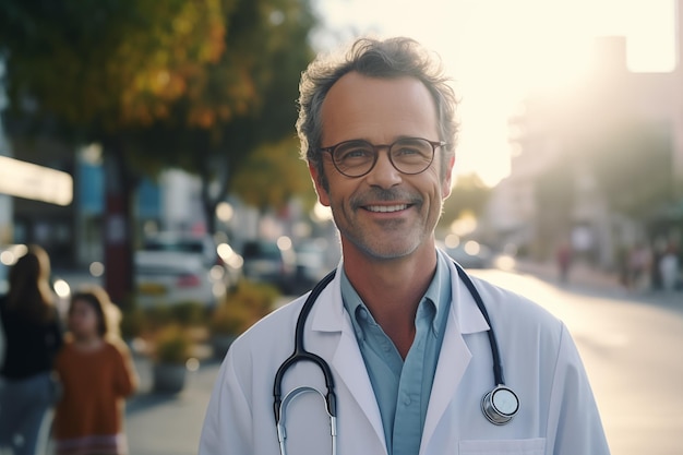 Hombre de mediana edad en el medio de la ciudad con uniforme de médico