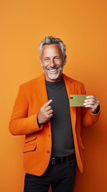 Hombre de mediana edad mostrando feliz su tarjeta de crédito