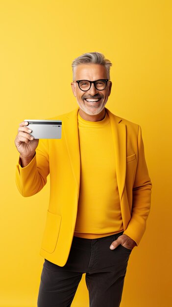 Hombre de mediana edad mostrando feliz su tarjeta de crédito