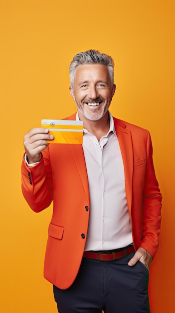 Foto hombre de mediana edad mostrando feliz su tarjeta de crédito