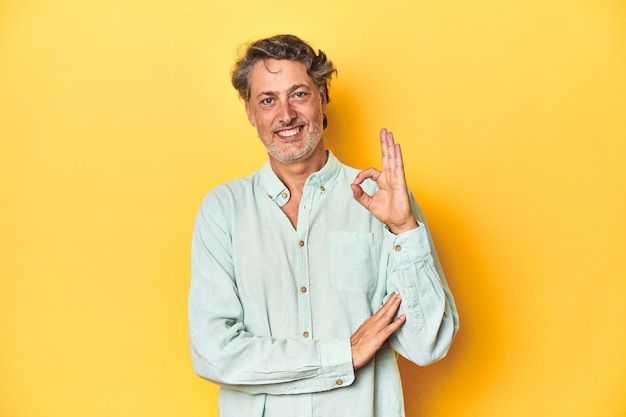 Hombre de mediana edad posando sobre un fondo amarillo guiña un ojo y tiene un gesto bien con la mano