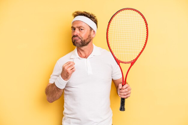 Hombre de mediana edad que parece arrogante, exitoso, positivo y orgulloso concepto de tenis