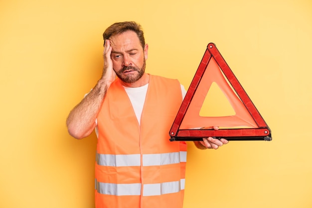 Hombre de mediana edad que se siente aburrido, frustrado y con sueño después de un tedioso concepto de automóvil de descomposición triangular