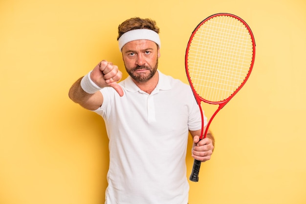 hombre de mediana edad que se siente cruzado, mostrando los pulgares hacia abajo. concepto de tenis