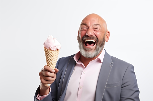 Hombre de mediana edad sobre un fondo blanco aislado con un helado de corneta