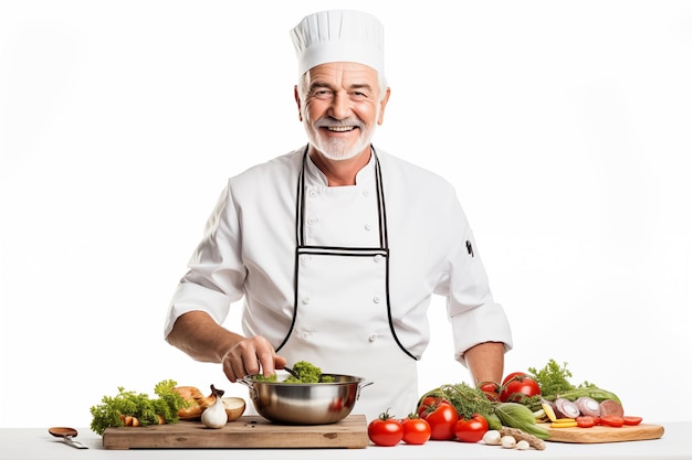Hombre de mediana edad sobre fondo blanco aislado en uniforme de chef