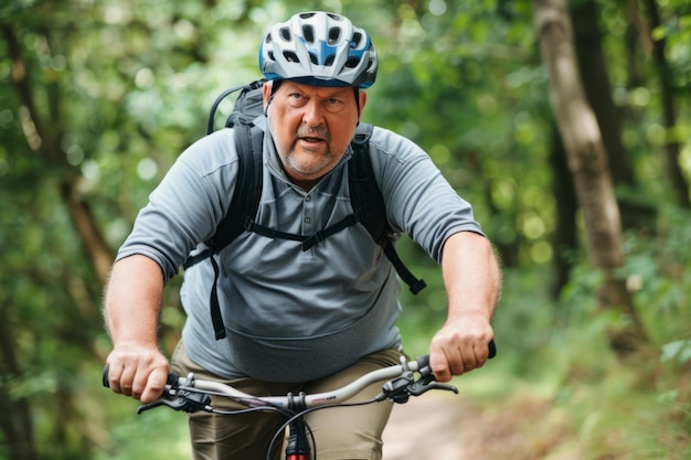 Hombre de mediana edad con sobrepeso en bicicleta por una pista empinada