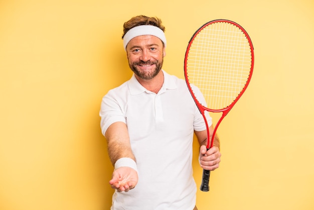 Hombre de mediana edad sonriendo alegremente con amabilidad y ofreciendo y mostrando un concepto. concepto de tenis