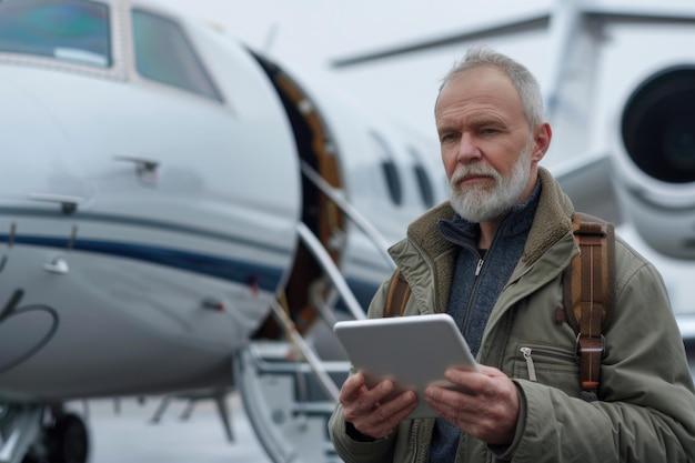 Foto hombre de mediana edad con tableta digital cerca del avión