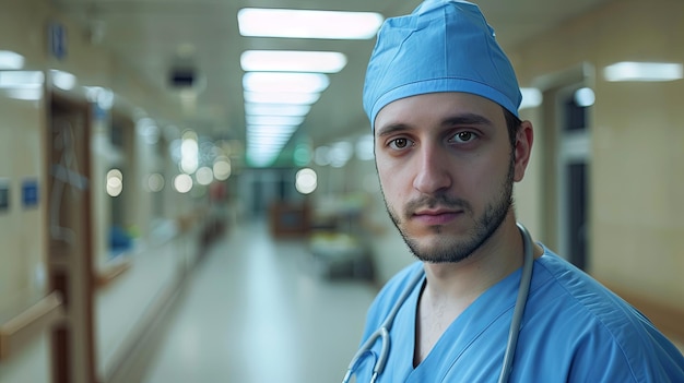 Hombre médico de pie en el fondo interior del hospital