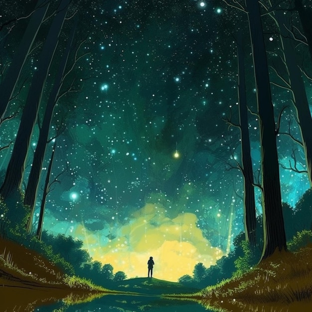 Un hombre se para en medio de un bosque con las estrellas en el cielo.