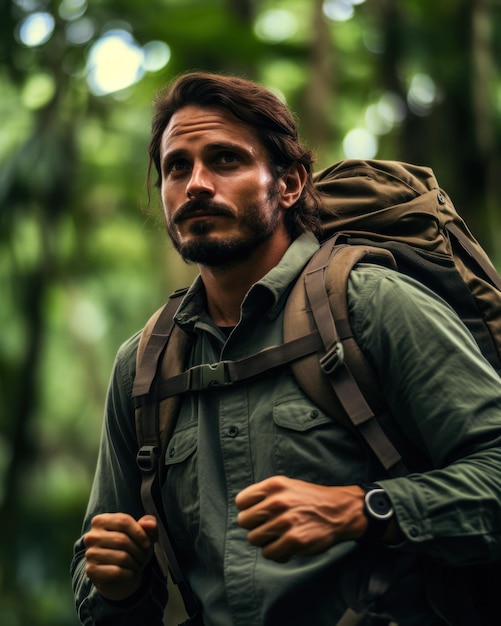 Un hombre en medio de una naturaleza verde y desierta.