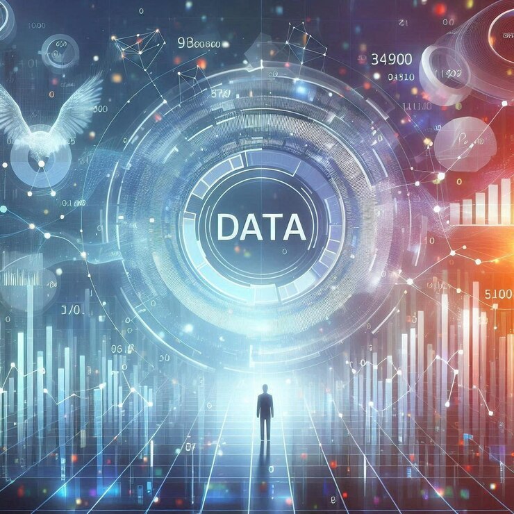 hombre en el medio Tecnología avanzada en la nube en el ciberespacio Innovación digital en el almacenamiento de datos