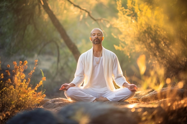 Un hombre meditando en un bosque con el sol brillando en su rostro.