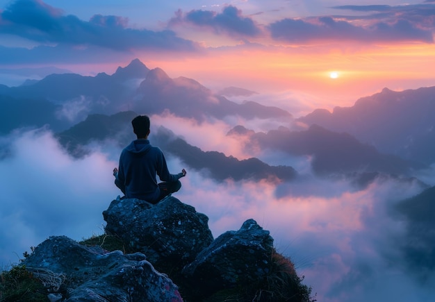 Un hombre meditando en la cima de una montaña al amanecer rodeado de niebla y el suave resplandor del sol naciente capturando un momento de paz interior y auto-reflexión