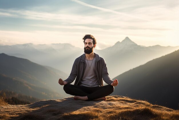 Hombre meditando en la cima de una montaña al atardecer