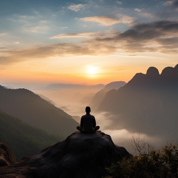 hombre meditando en la cima de una montaña