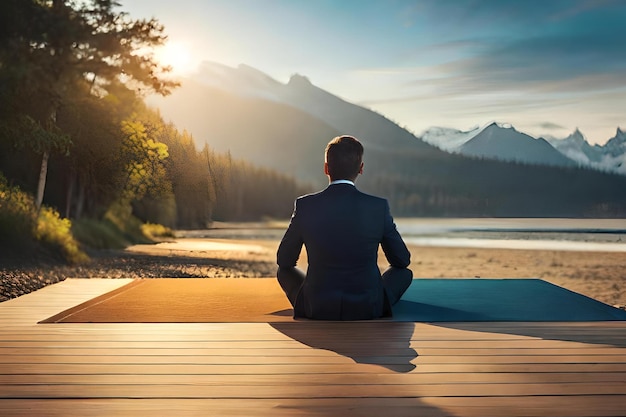 Un hombre meditando en una estera de yoga frente a un paisaje montañoso.