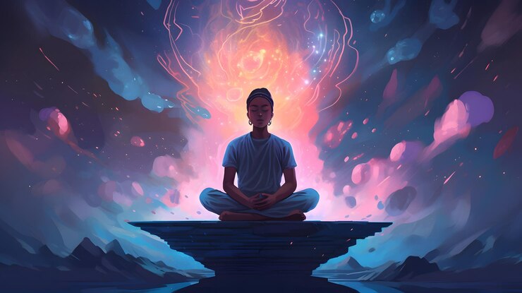 Un hombre meditando frente a un fondo de rocas y nubes.