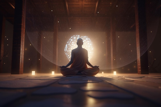 Un hombre meditando frente a una gran esfera de vidrio con la palabra buda.