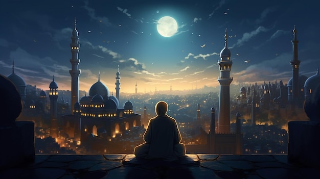 Un hombre meditando frente a la luna llena.