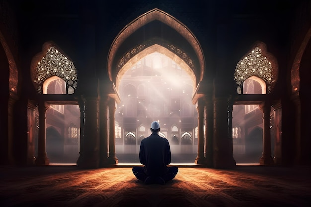 Un hombre meditando frente a una mezquita.