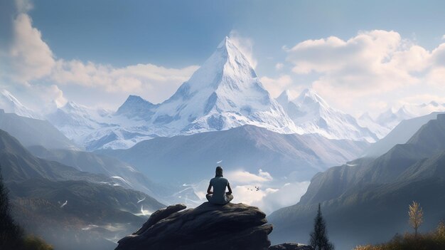 Un hombre meditando frente a una montaña presentando el día mundial del yoga