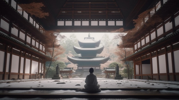 Foto un hombre meditando frente a un templo con un gran edificio al fondo.