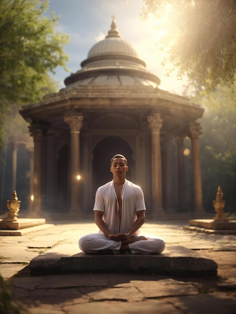 Un hombre meditando frente a un templo.