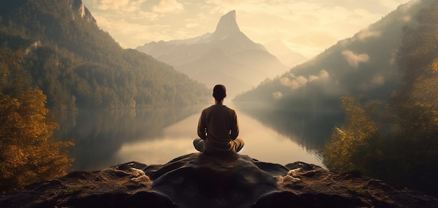 Un hombre meditando junto a un lago con montañas al fondo.