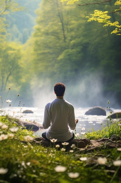 un hombre meditando junto a un río en el bosque